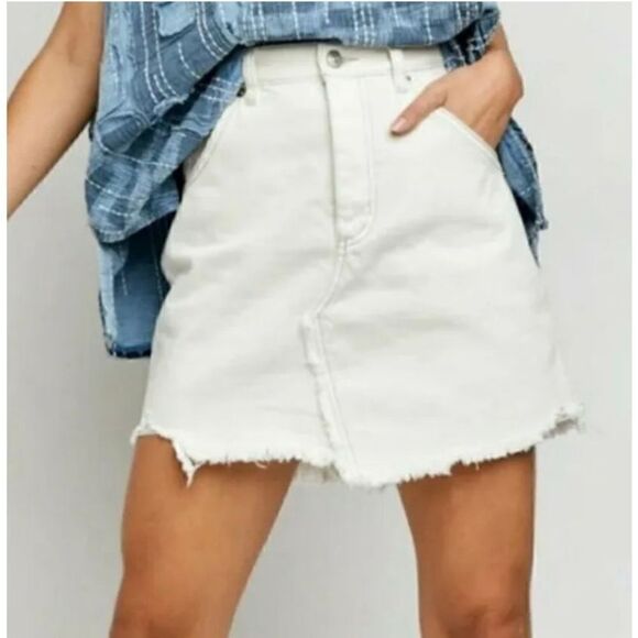 Free People Brea Cream Distressed Denim Cutoff Mini Skirt NWT | Size 24 - Picture 1 of 8